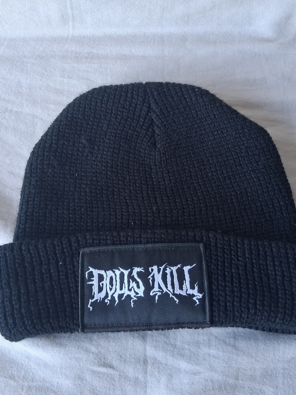 Dolls Kill Black Ribbed Beanie with Logo Patch